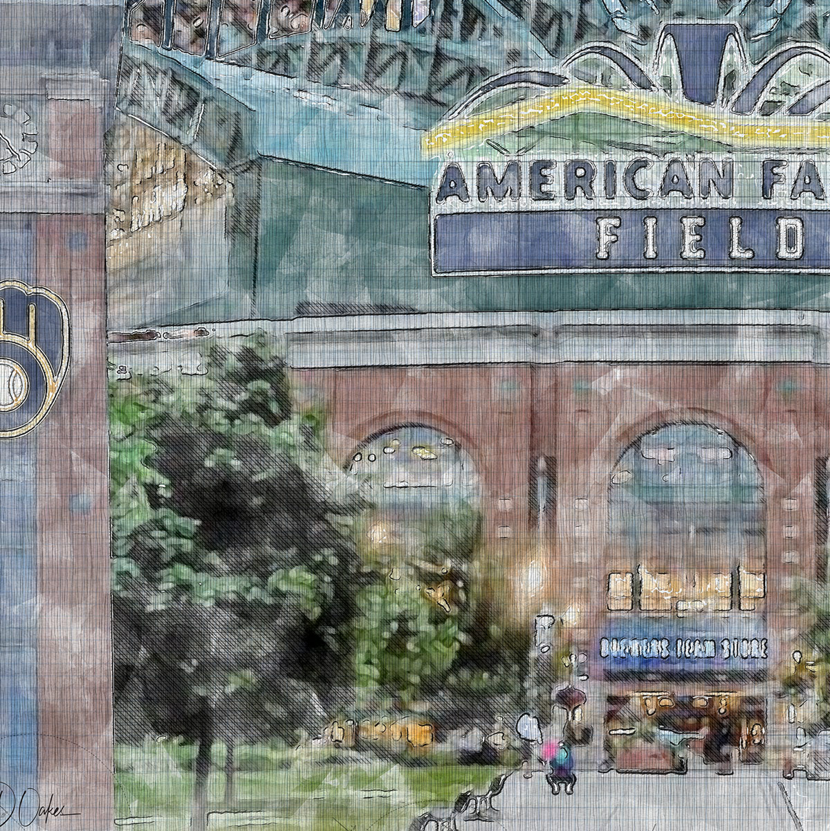 close-mlb-mil-01 American Family Field Print, Artist Drawn Baseball Stadium, Milwaukee Brewers Baseball