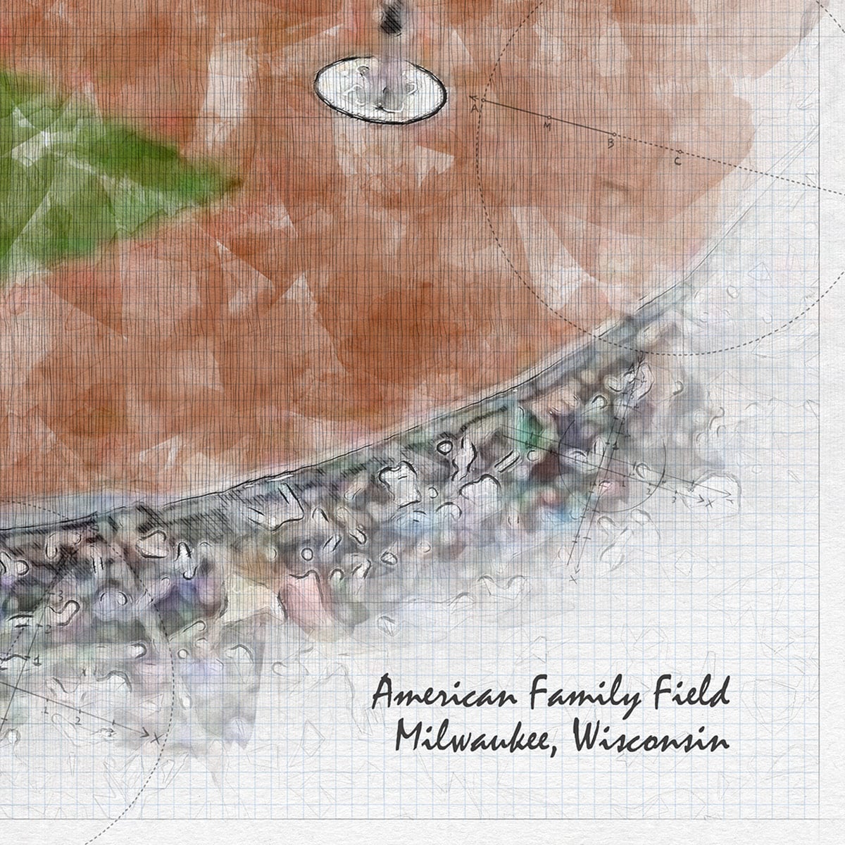 close-mlb-mil-03 American Family Field Print, Artist Drawn Baseball Stadium, Milwaukee Brewers Baseball