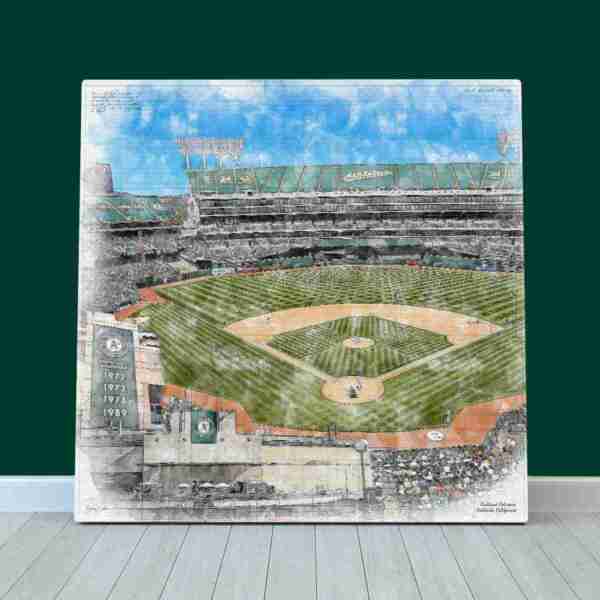 Oakland Coliseum Print, Artist Drawn Baseball Stadium, Oakland Athletics Baseball