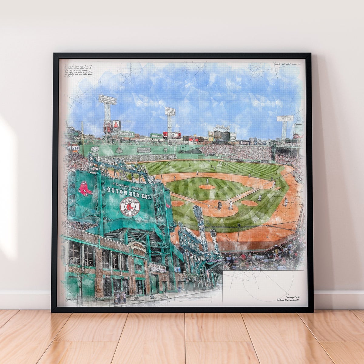 floor-print-mlb-bos Fenway Park Print, Artist Drawn Baseball Stadium, Boston Red Sox Baseball