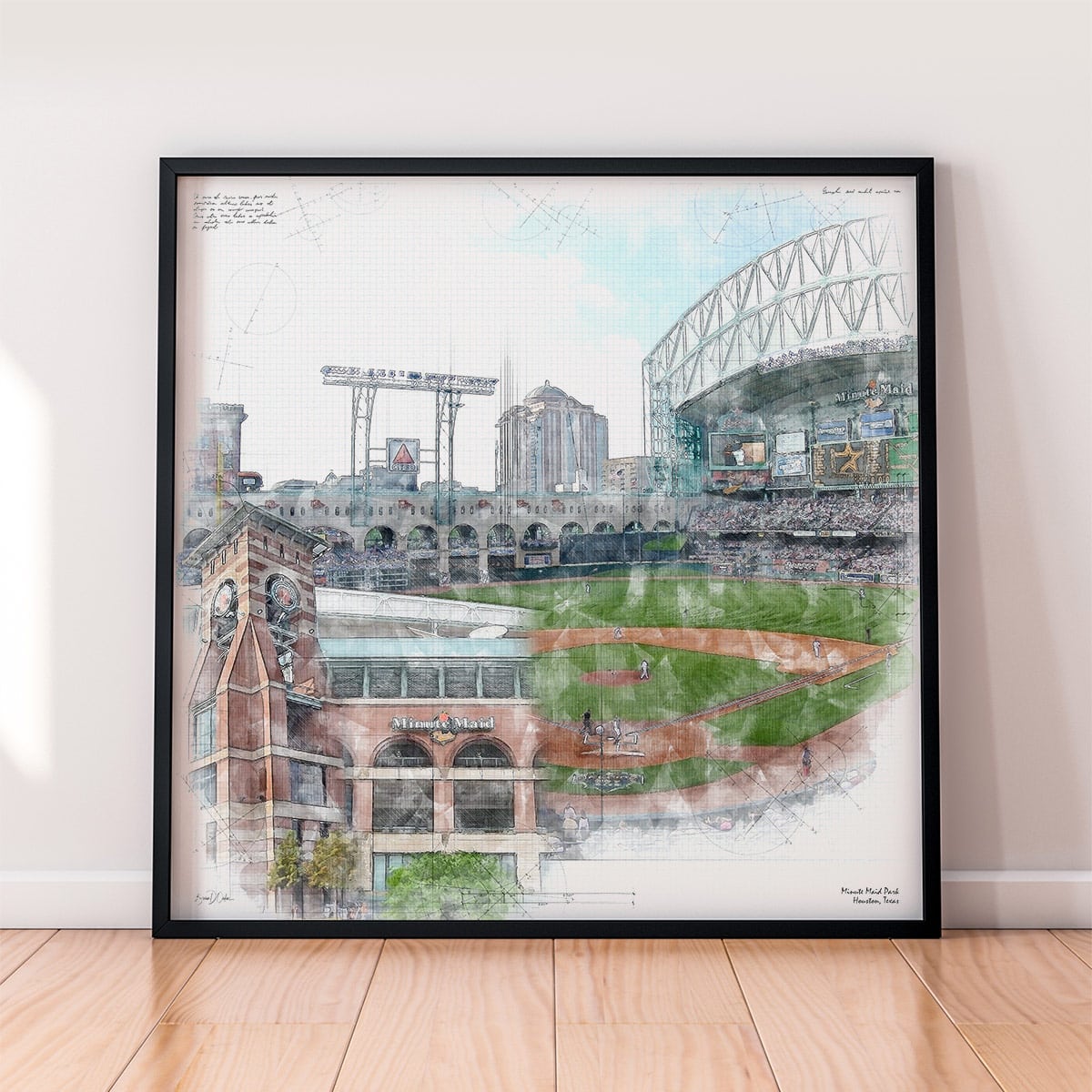 floor-print-mlb-hou Minute Maid Park Print, Artist Drawn Baseball Stadium, Houston Astros Baseball