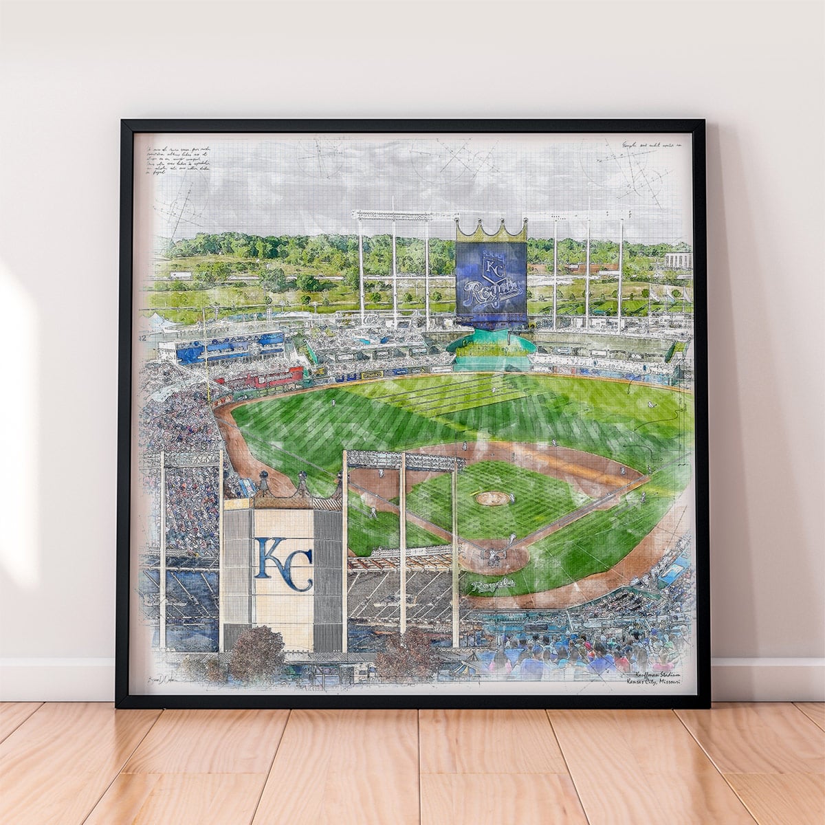 floor-print-mlb-kc Kauffman Stadium Print, Artist Drawn Baseball Stadium, Kansas City Royals Baseball