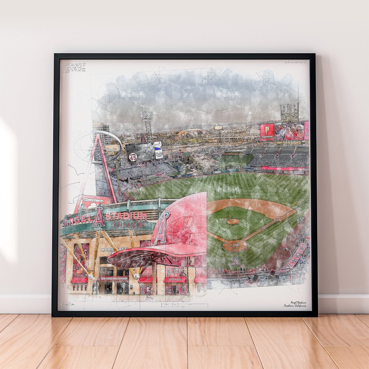 floor-print-mlb-laa Angel Stadium Print, Artist Drawn Baseball Stadium, Los Angeles Angels Baseball