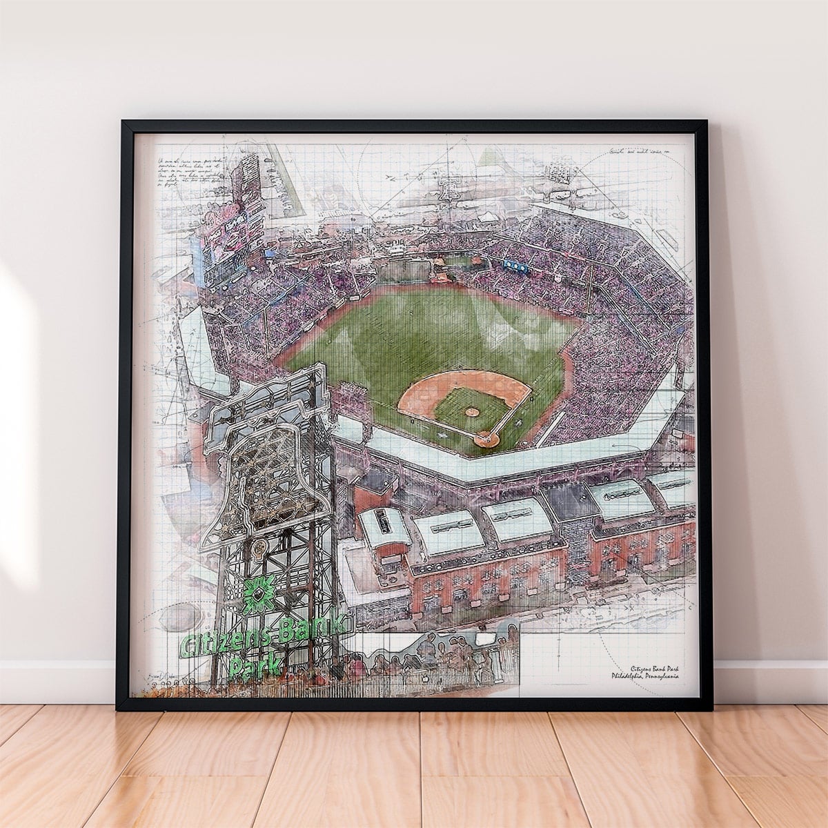 floor-print-mlb-phi Citizens Bank Park Print, Artist Drawn Baseball Stadium, Philadelphia Phillies Baseball
