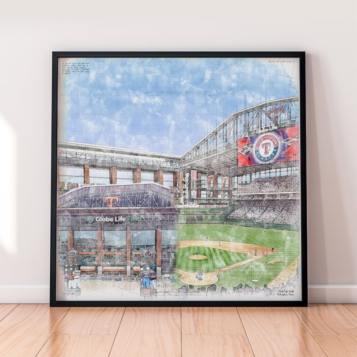 floor-print-mlb-tex Globe Life Field Print, Artist Drawn Baseball Stadium, Texas Rangers Baseball
