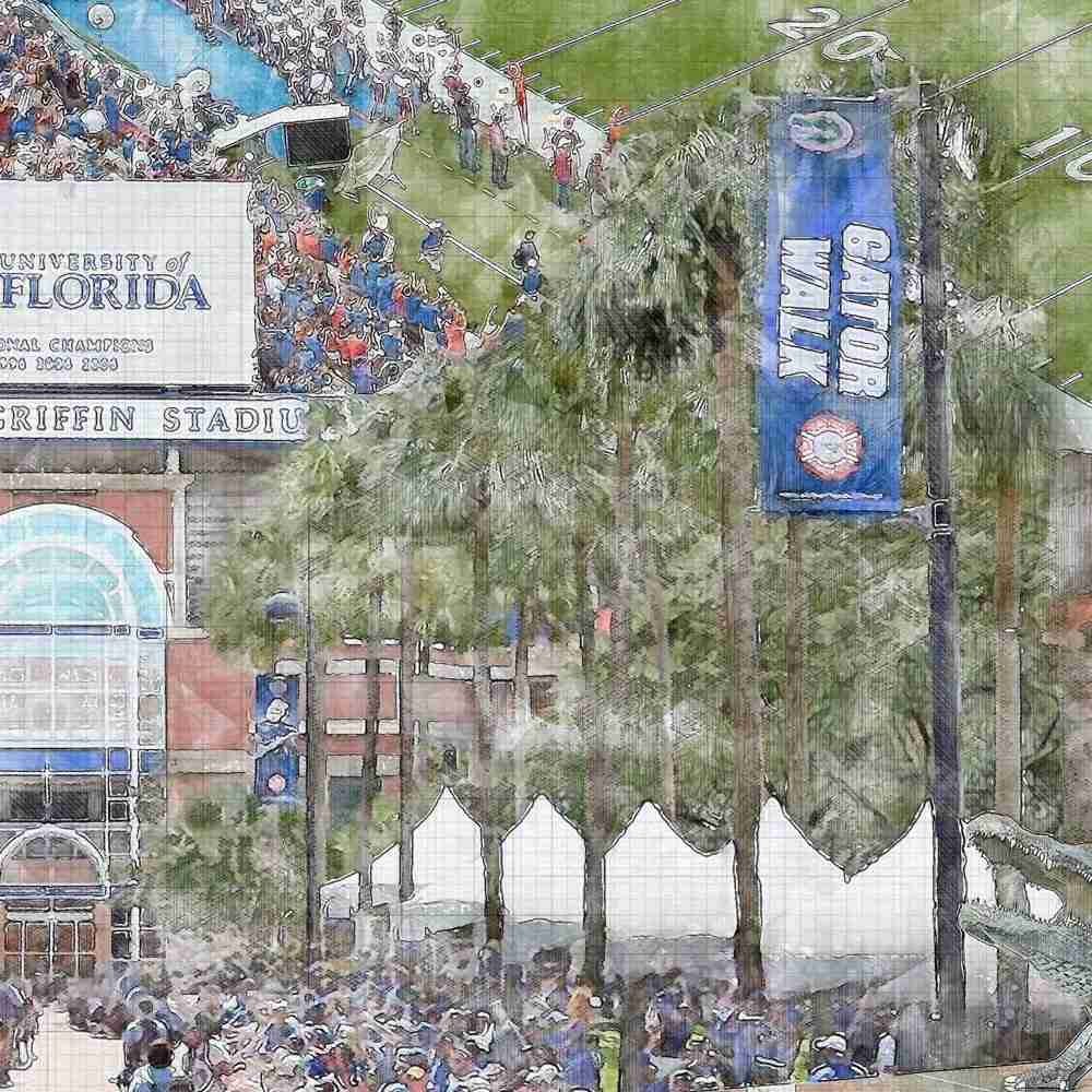 close-ncaa-florida-gators-01 Florida Field at Ben Hill Griffin Stadium Sketch Art Canvas Print, Florida Gators Football