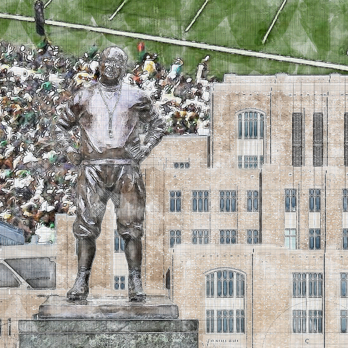 close-ncaa-nd-01 Notre Dame Stadium Print, Artist Drawn College Football Stadium, Notre Dame Fighting Irish College Football