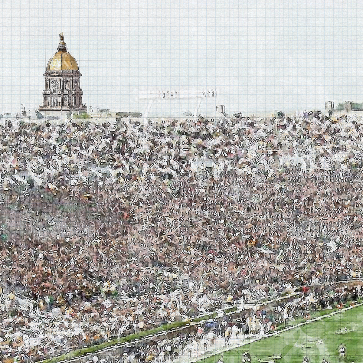 close-ncaa-nd-02 Notre Dame Stadium Print, Artist Drawn College Football Stadium, Notre Dame Fighting Irish College Football