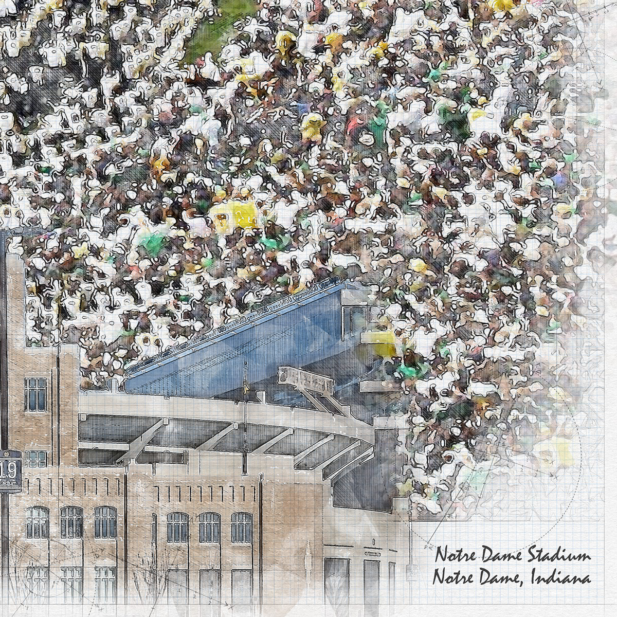 close-ncaa-nd-03 Notre Dame Stadium Print, Artist Drawn College Football Stadium, Notre Dame Fighting Irish College Football