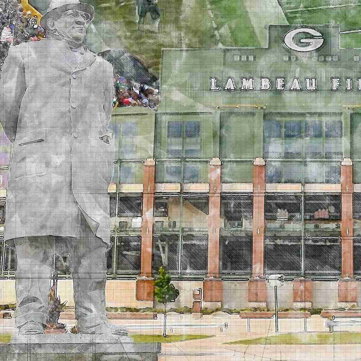 close-nfl-gb-01 Lambeau Field Print, Artist Drawn Football Stadium, Green Bay Packers Football