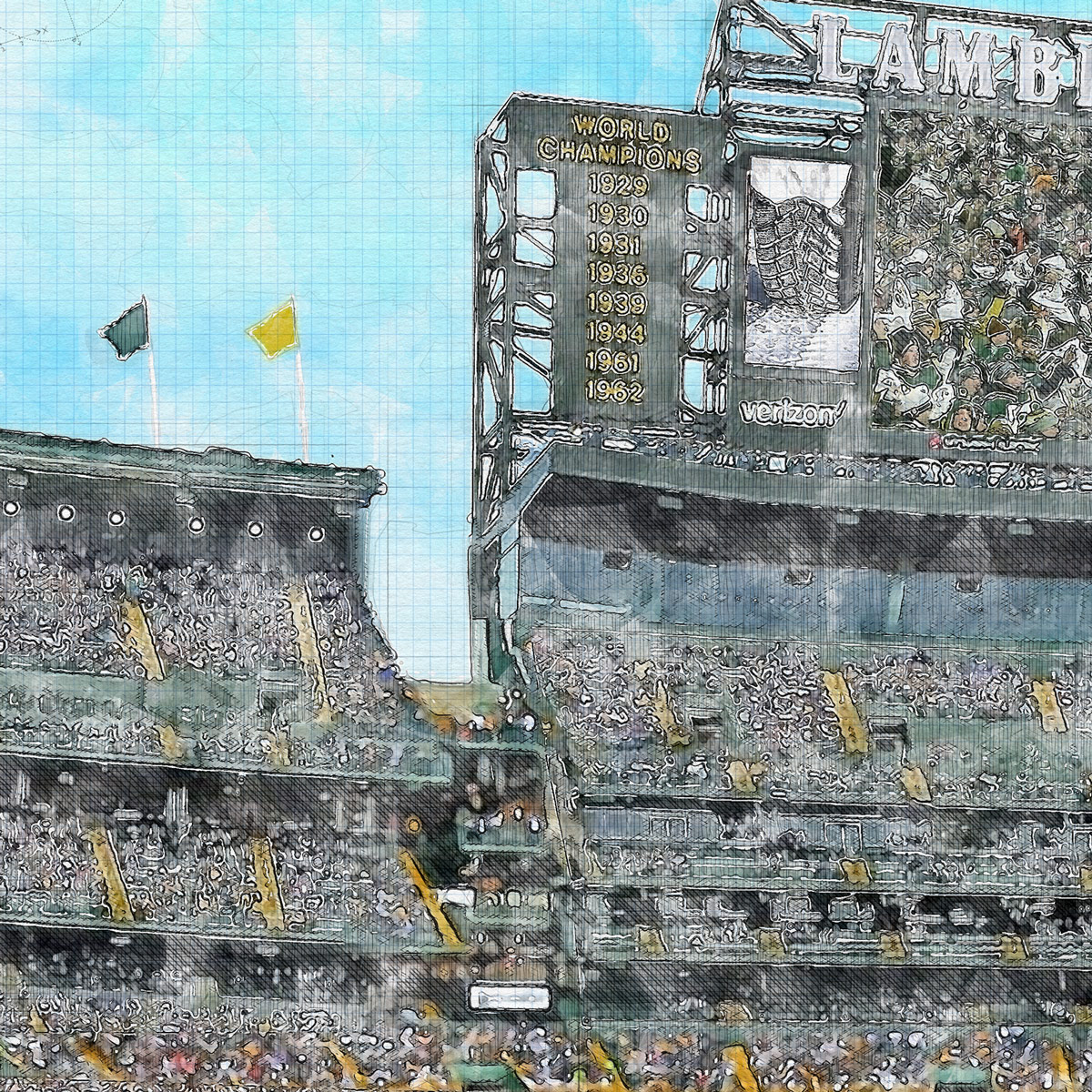 close-nfl-gb-02 Lambeau Field Print, Artist Drawn Football Stadium, Green Bay Packers Football