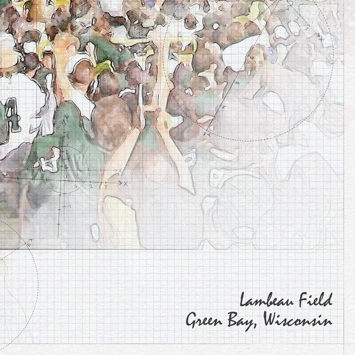 close-nfl-gb-03 Lambeau Field Print, Artist Drawn Football Stadium, Green Bay Packers Football