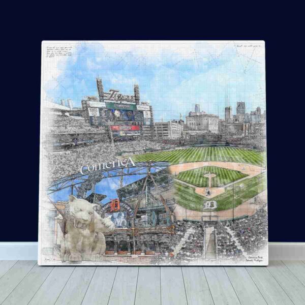 Comerica Park Print, Artist Drawn Baseball Stadium, Detroit Tigers Baseball