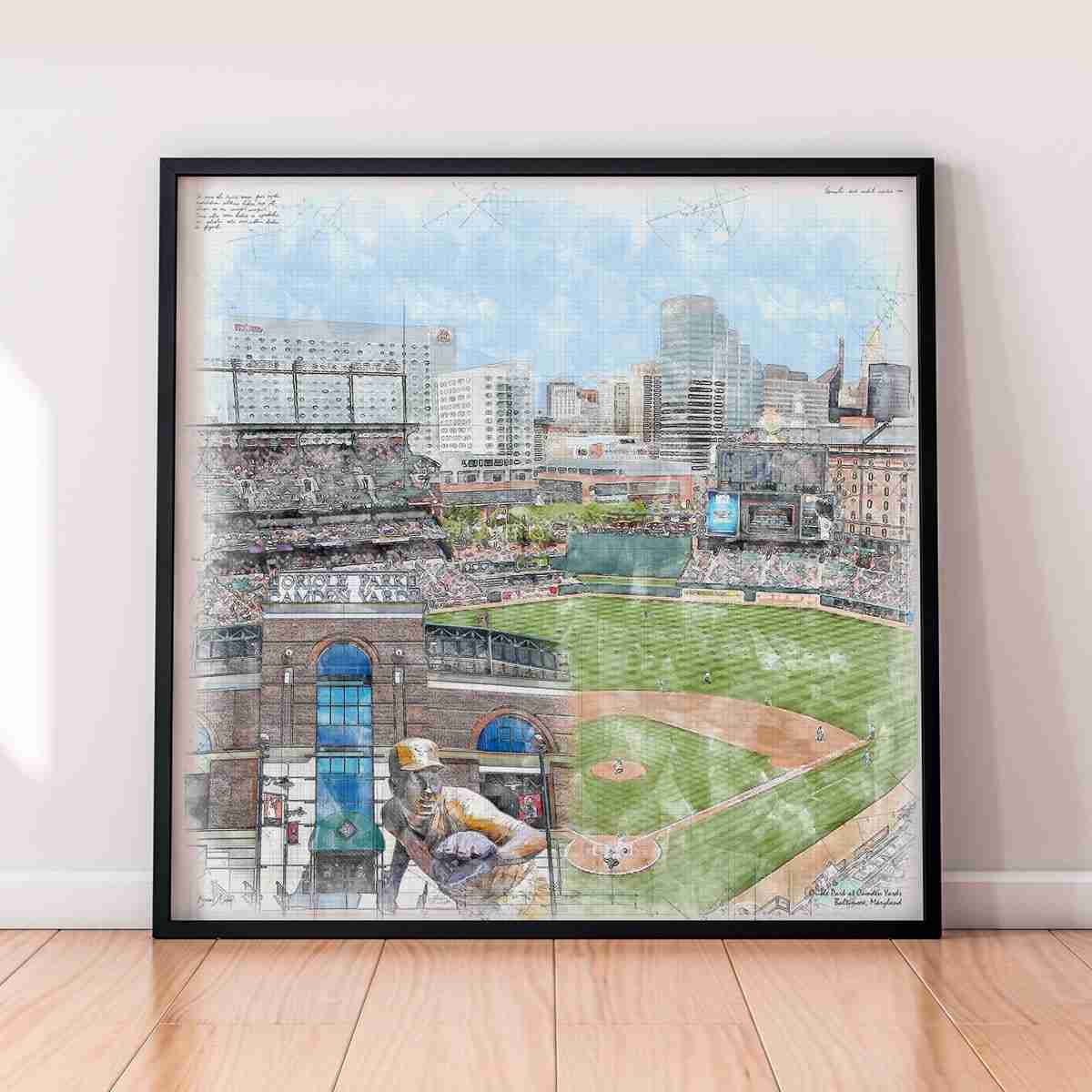 floor-print-mlb-bal Oriole Park at Camden Yards Print, Artist Drawn Baseball Stadium, Baltimore Orioles Baseball