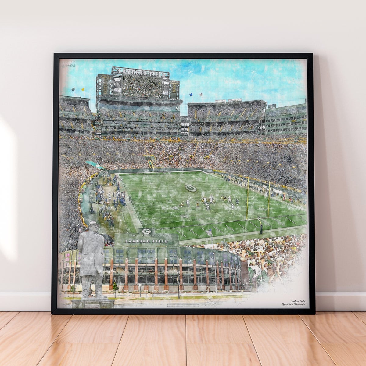 floor-print-nfl-gb Lambeau Field Print, Artist Drawn Football Stadium, Green Bay Packers Football