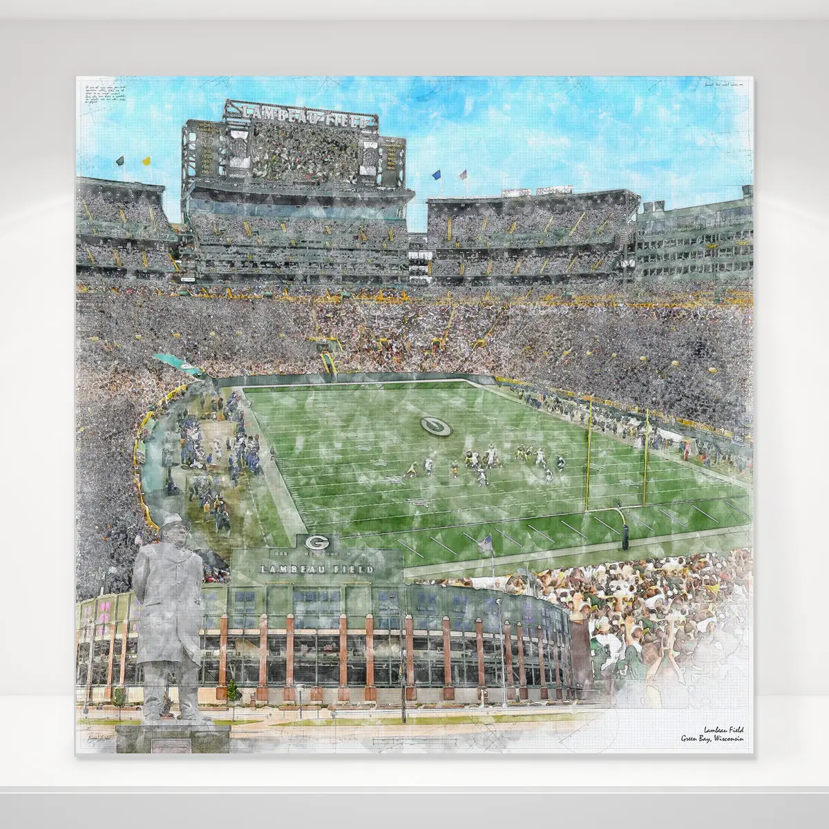 Lambeau Field Print, Artist Drawn Football Stadium, Green Bay Packers  Football – fine-art-print – 8-x-8