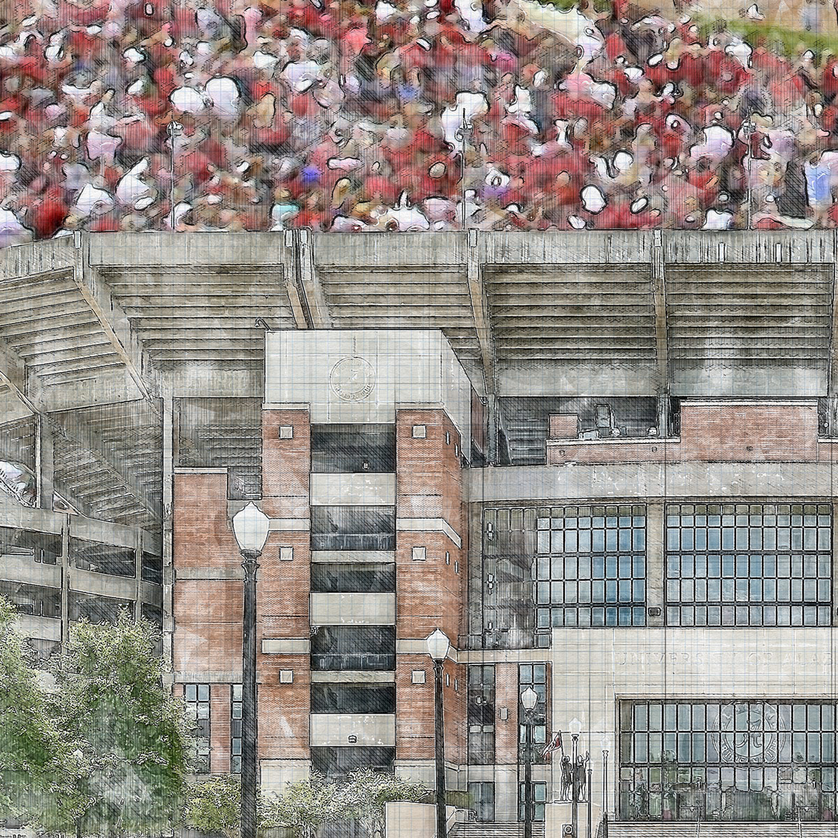 close-ncaa-alabama-01 Bryant-Denny Stadium Print, Artist Drawn College Football Stadium, University of Alabama Crimson Tide College Football