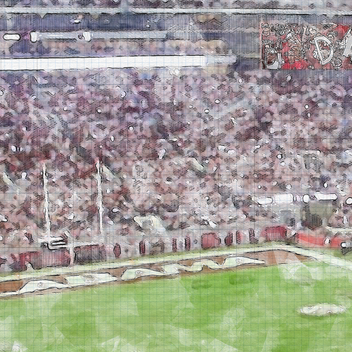 close-ncaa-alabama-02 Bryant-Denny Stadium Print, Artist Drawn College Football Stadium, University of Alabama Crimson Tide College Football
