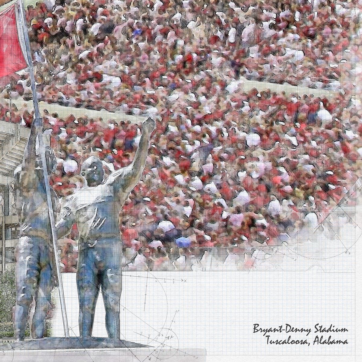 close-ncaa-alabama-03 Bryant-Denny Stadium Print, Artist Drawn College Football Stadium, University of Alabama Crimson Tide College Football