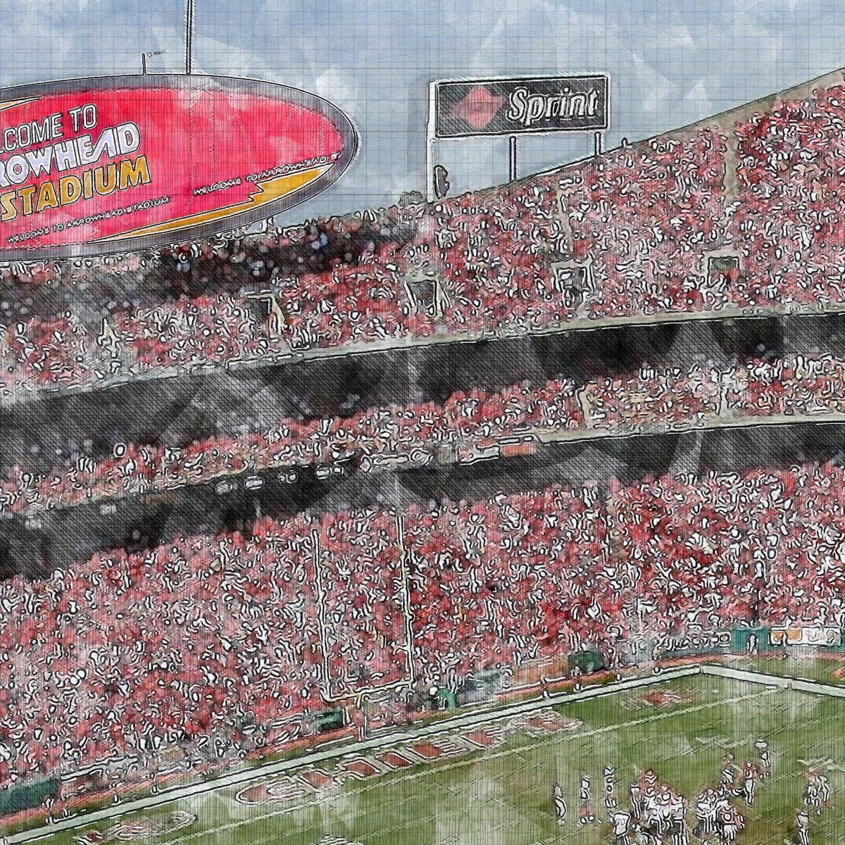 close-nfl-kc-02 Arrowhead Stadium Print, Artist Drawn Football Stadium, Kansas City Chiefs Football