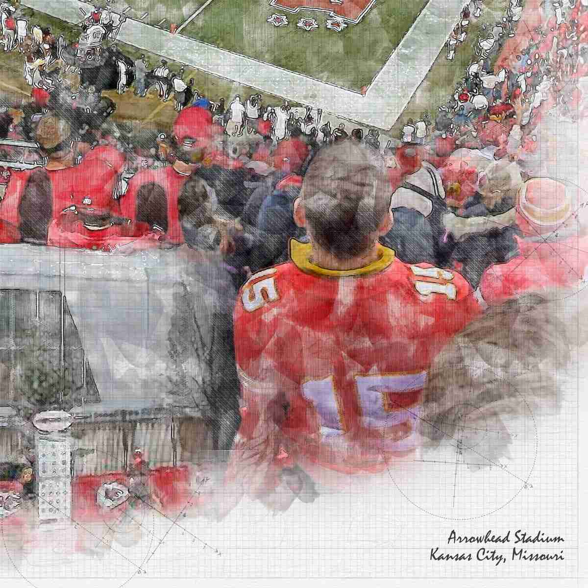 close-nfl-kc-03 Arrowhead Stadium Print, Artist Drawn Football Stadium, Kansas City Chiefs Football