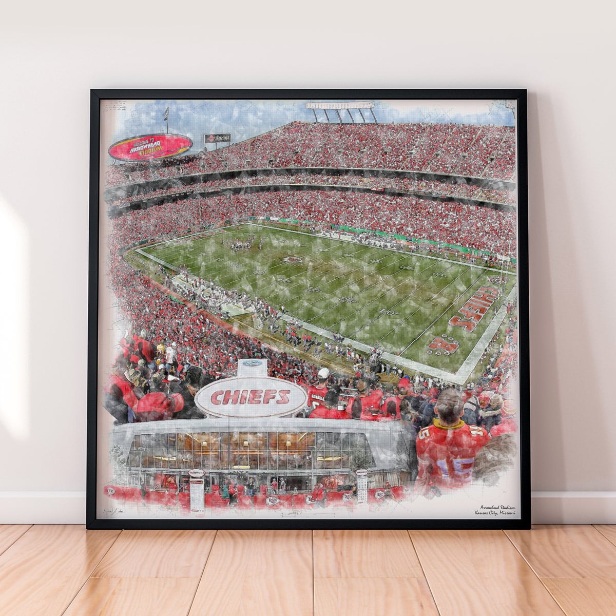 floor-print-nfl-kc Arrowhead Stadium Print, Artist Drawn Football Stadium, Kansas City Chiefs Football