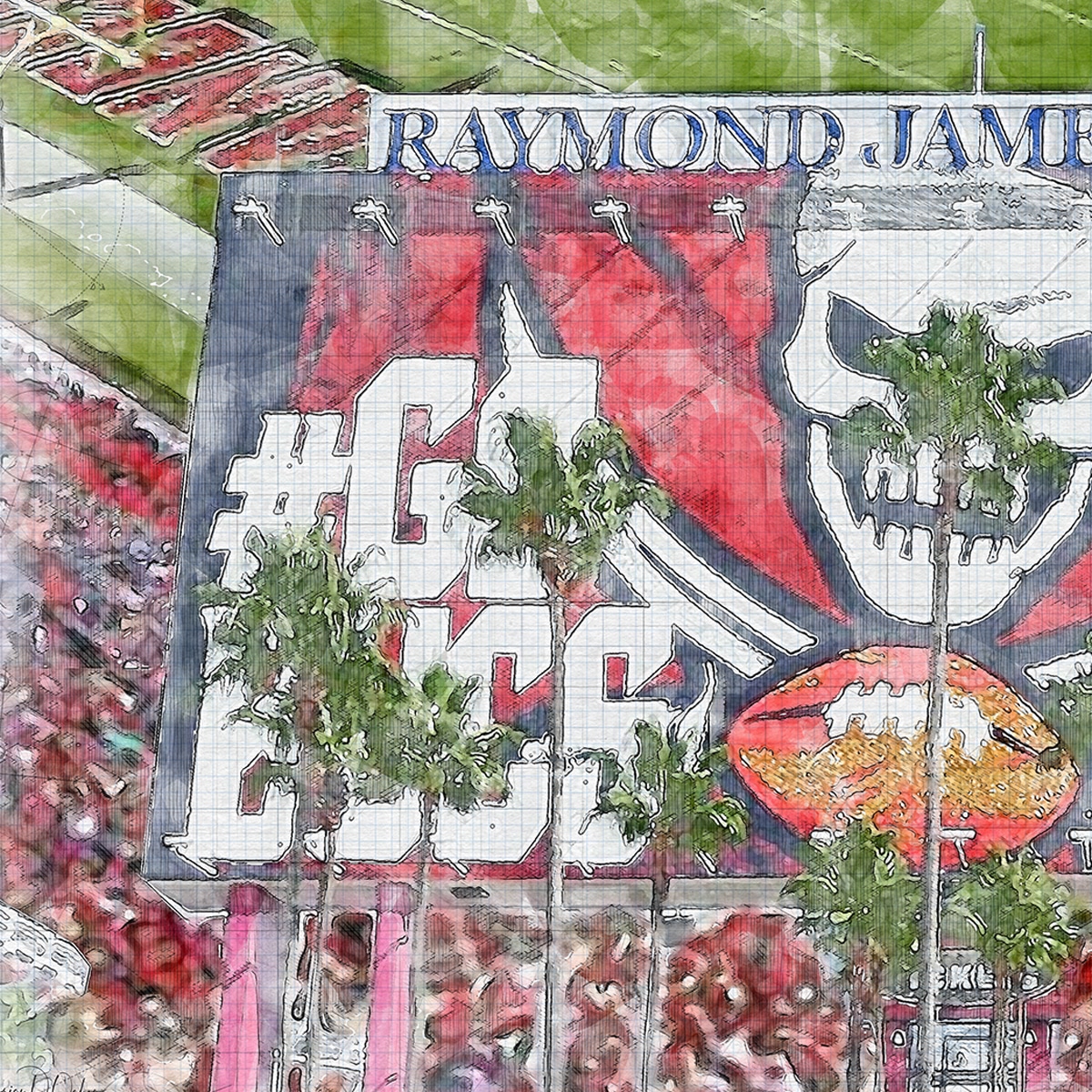 close-nfl-tb-01 Raymond James Stadium Print, Artist Drawn Football Stadium, Tampa Bay Buccaneers Football