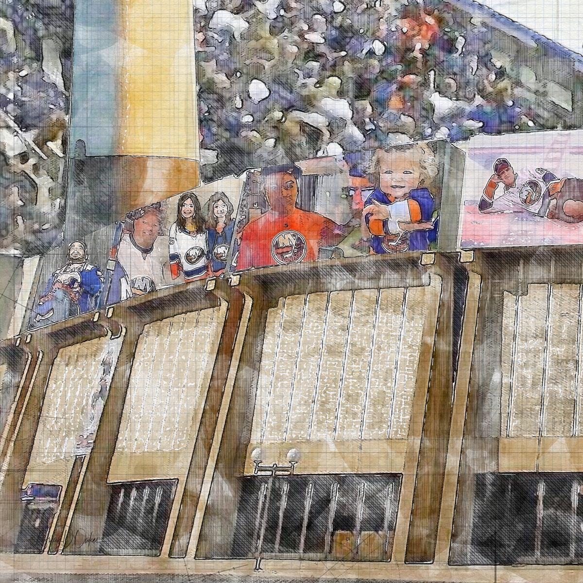 close-nhl-nyi-barn-01 Nassau Coliseum "The Barn" Print, Artist Drawn Hockey Arena, New York Islanders Hockey