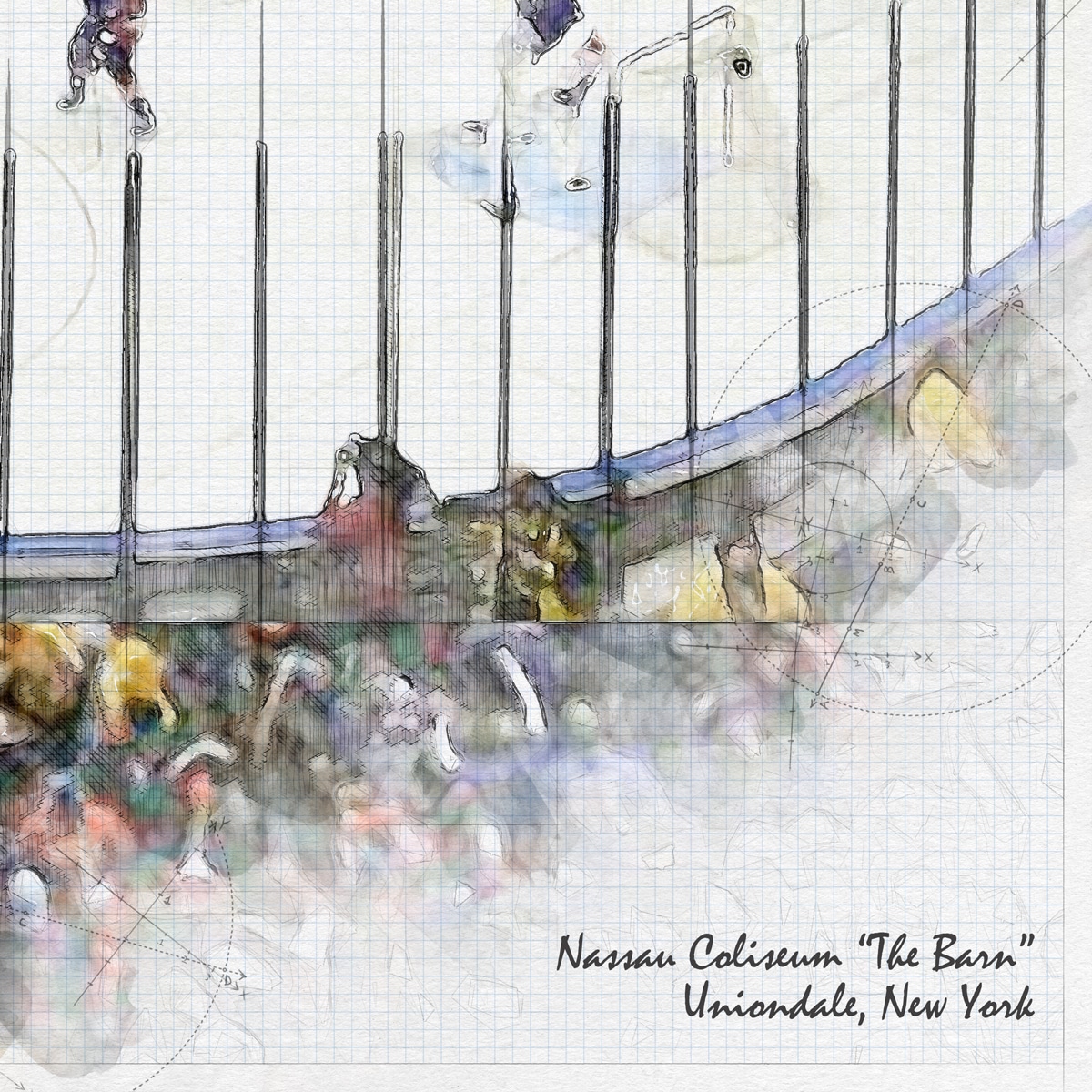 close-nhl-nyi-barn-03 Nassau Coliseum "The Barn" Print, Artist Drawn Hockey Arena, New York Islanders Hockey