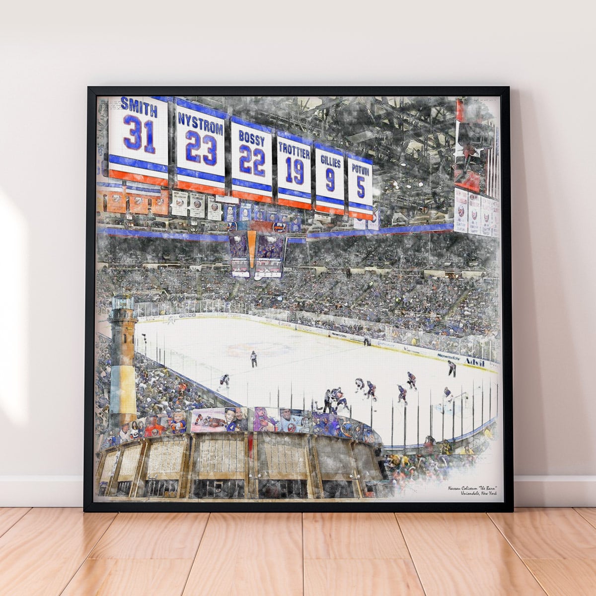 floor-print-nhl-nyi-barn Nassau Coliseum "The Barn" Print, Artist Drawn Hockey Arena, New York Islanders Hockey