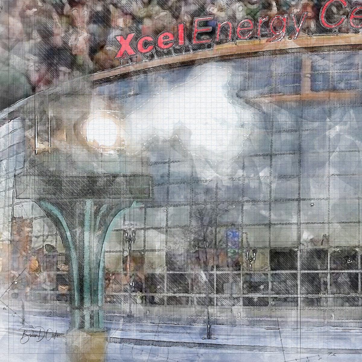 close-nhl-min-01 Xcel Energy Center Print, Artist Drawn Hockey Arena, Minnesota Wild Hockey