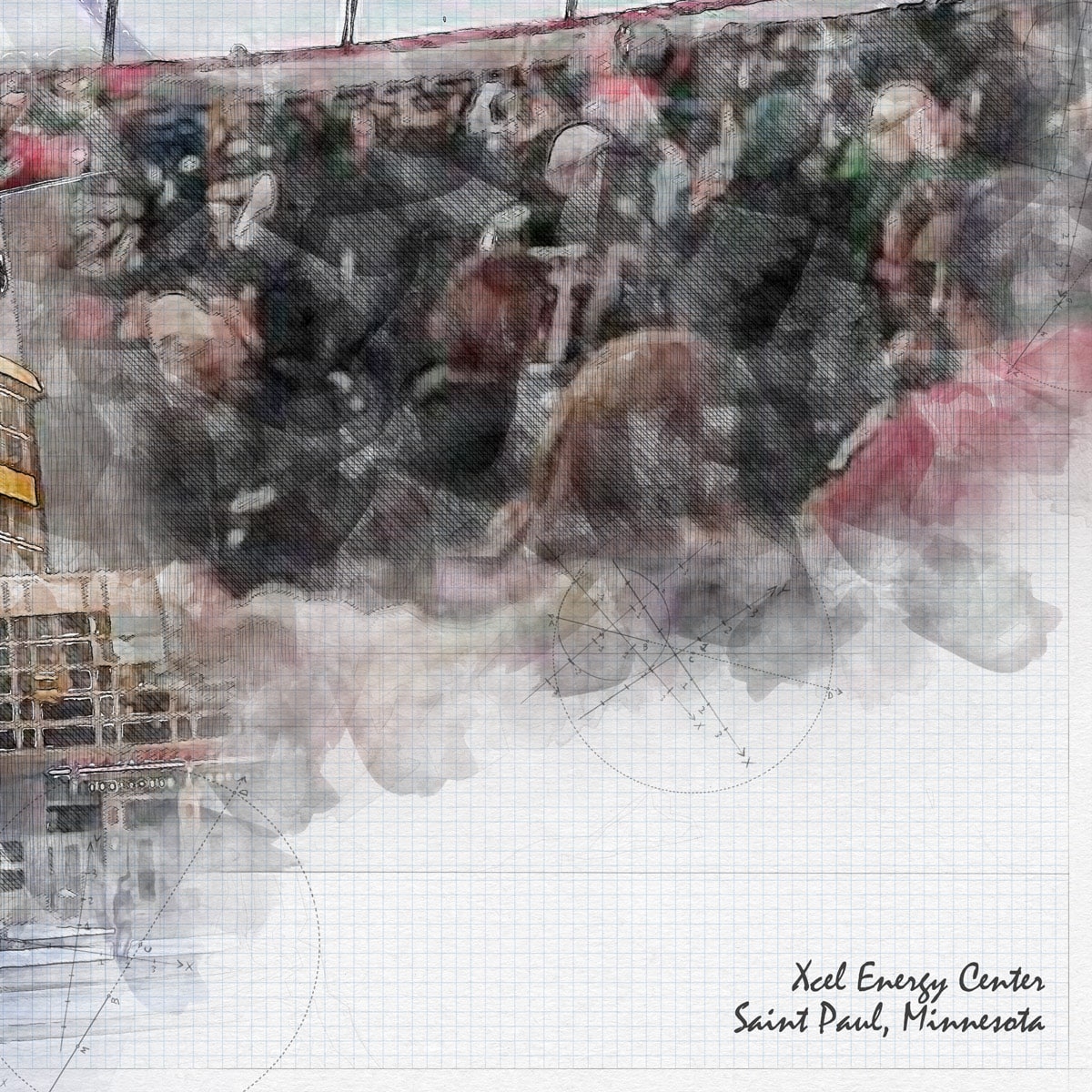 close-nhl-min-03 Xcel Energy Center Print, Artist Drawn Hockey Arena, Minnesota Wild Hockey
