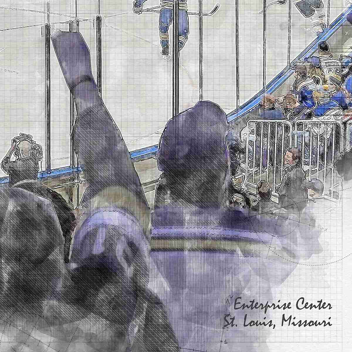 close-nhl-stl-03 Enterprise Center Print, Artist Drawn Hockey Arena, St. Louis Blues Hockey