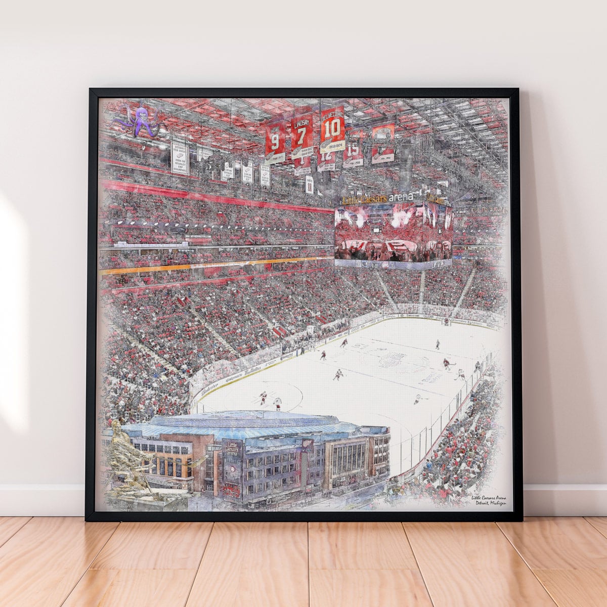 floor-print-nhl-det Little Caesars Arena, Artist Drawn Hockey Arena, Detroit Red Wings Hockey