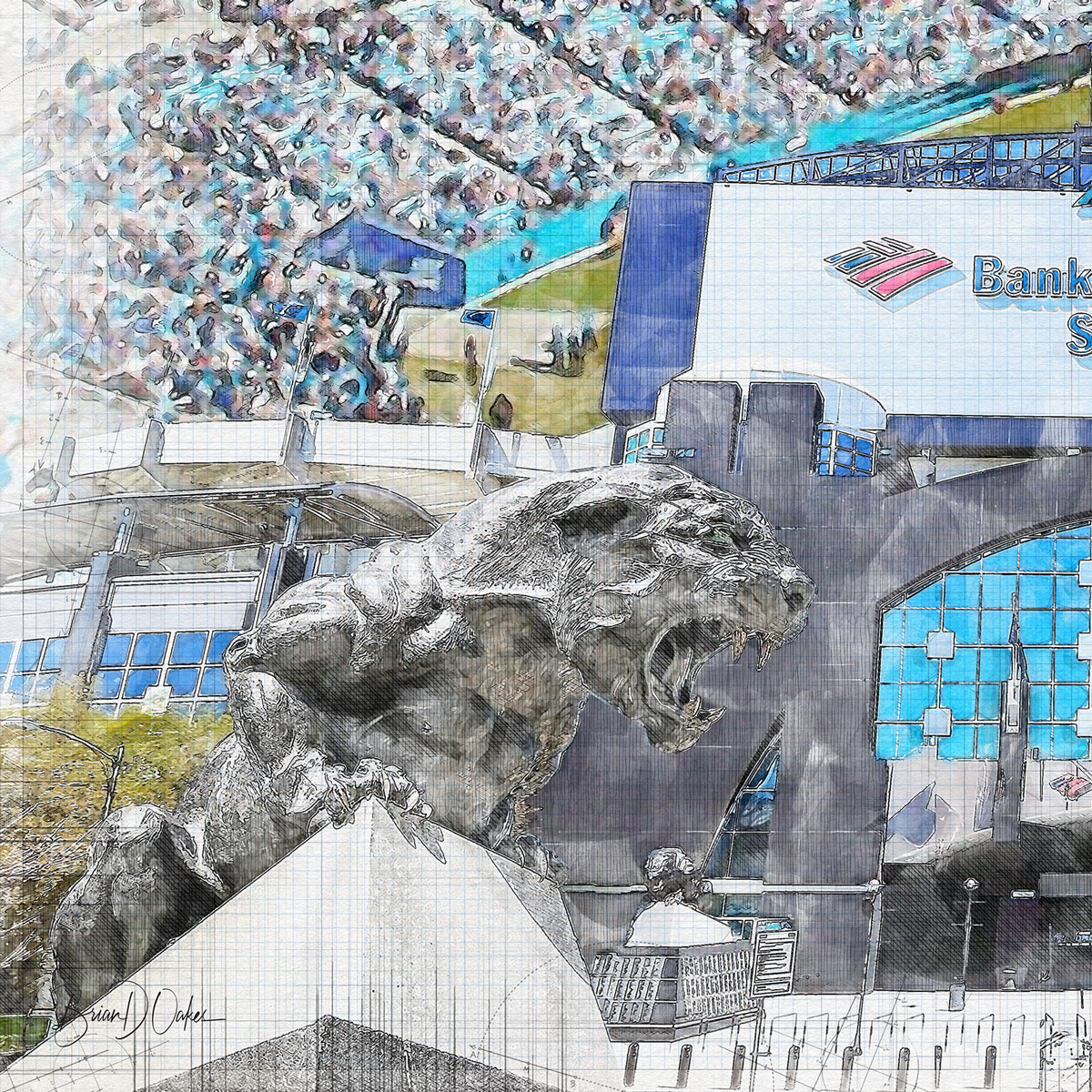 close-nfl-car-01 Bank of America Stadium Print, Artist Drawn Football Stadium, Carolina Panthers Football