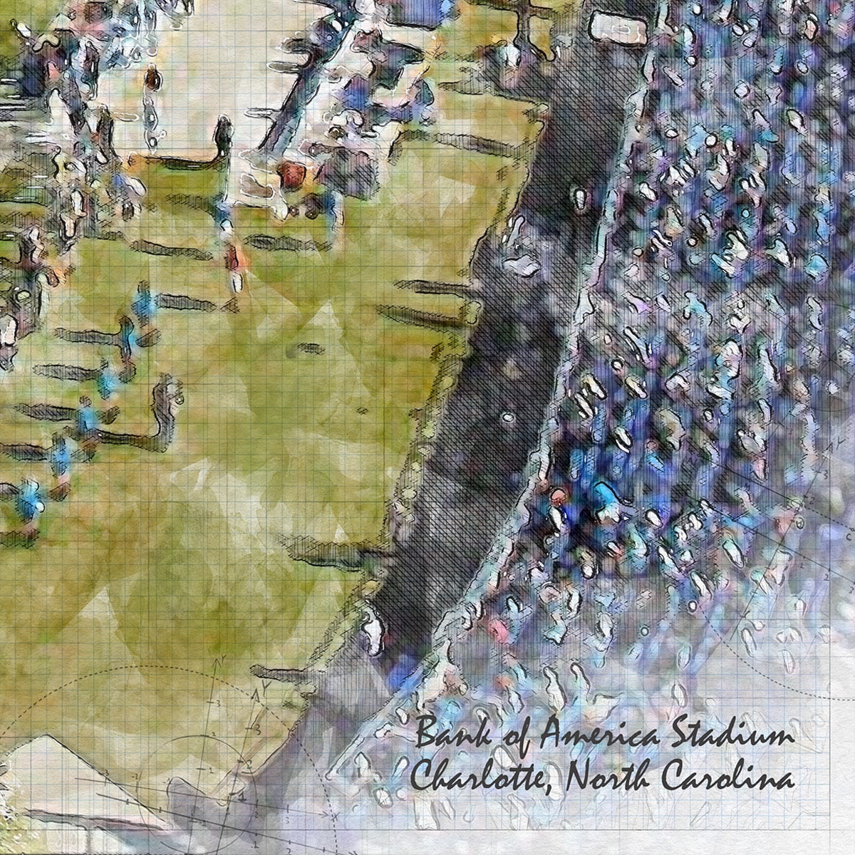 close-nfl-car-03 Bank of America Stadium Print, Artist Drawn Football Stadium, Carolina Panthers Football