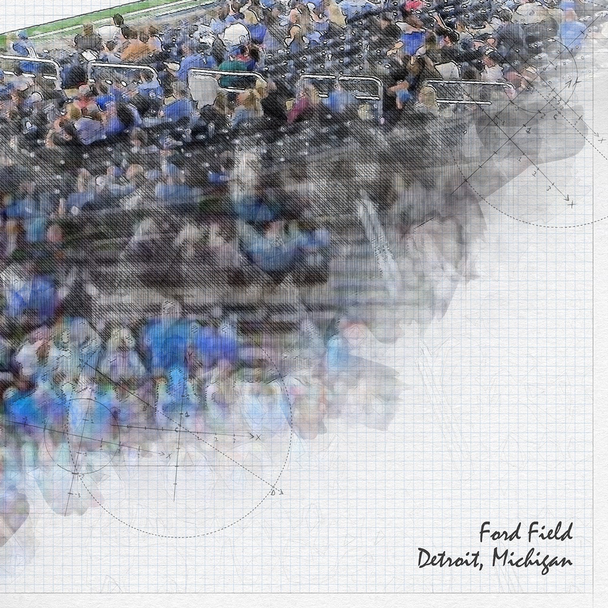 close-nfl-det-03 Ford Field Print, Artist Drawn Football Stadium, Detroit Lions Football