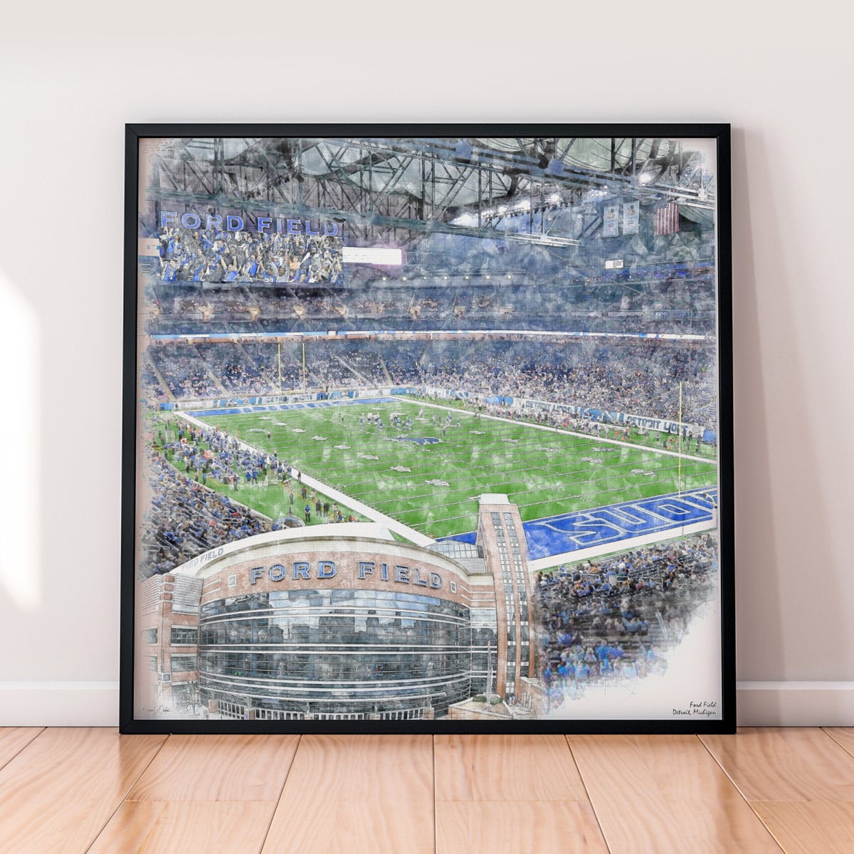 floor-print-nfl-det Ford Field Print, Artist Drawn Football Stadium, Detroit Lions Football