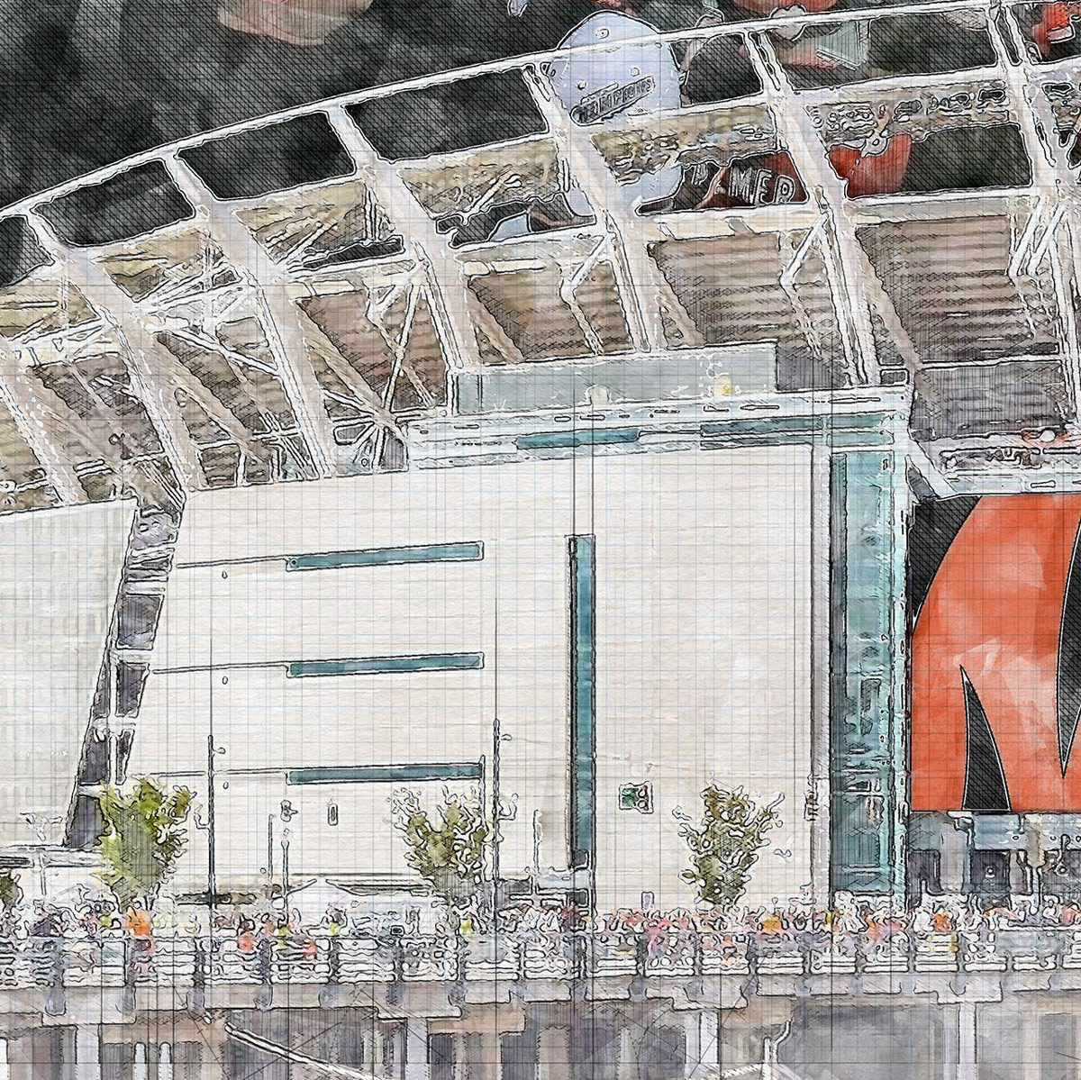 close-nfl-cin-01 Paycor Stadium Stadium Print, Artist Drawn Football Stadium, Cincinnati Bengals Football