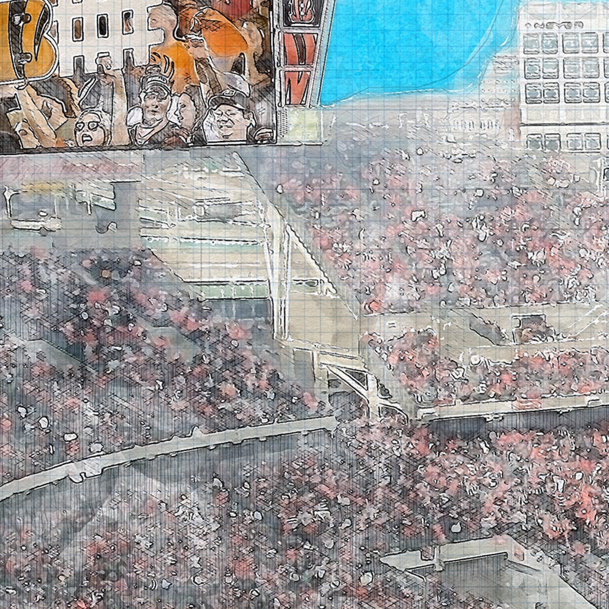 close-nfl-cin-02 Paycor Stadium Stadium Print, Artist Drawn Football Stadium, Cincinnati Bengals Football