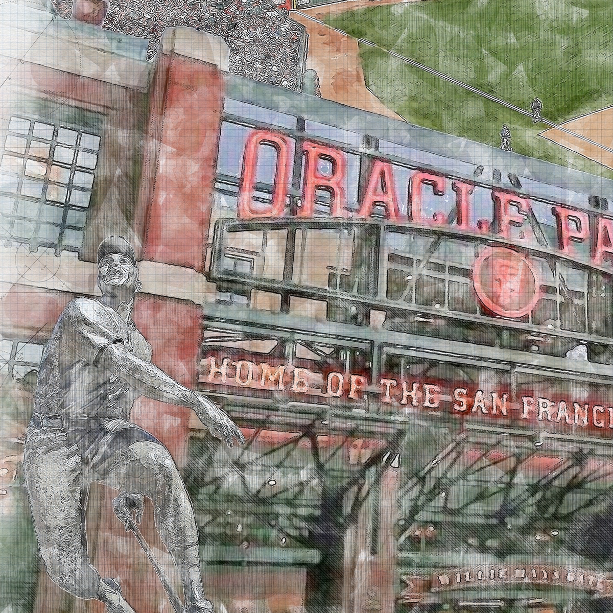 close-mlb-sf_01 Oracle Park Print, Artist Drawn Baseball Stadium, San Francisco Giants Baseball
