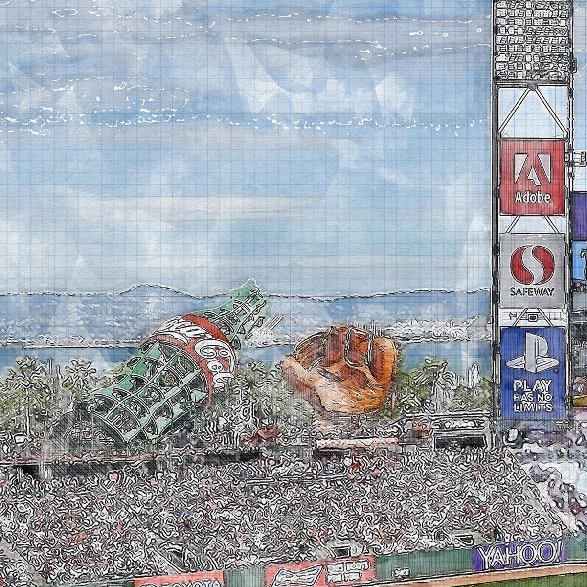 close-mlb-sf_02 Oracle Park Print, Artist Drawn Baseball Stadium, San Francisco Giants Baseball