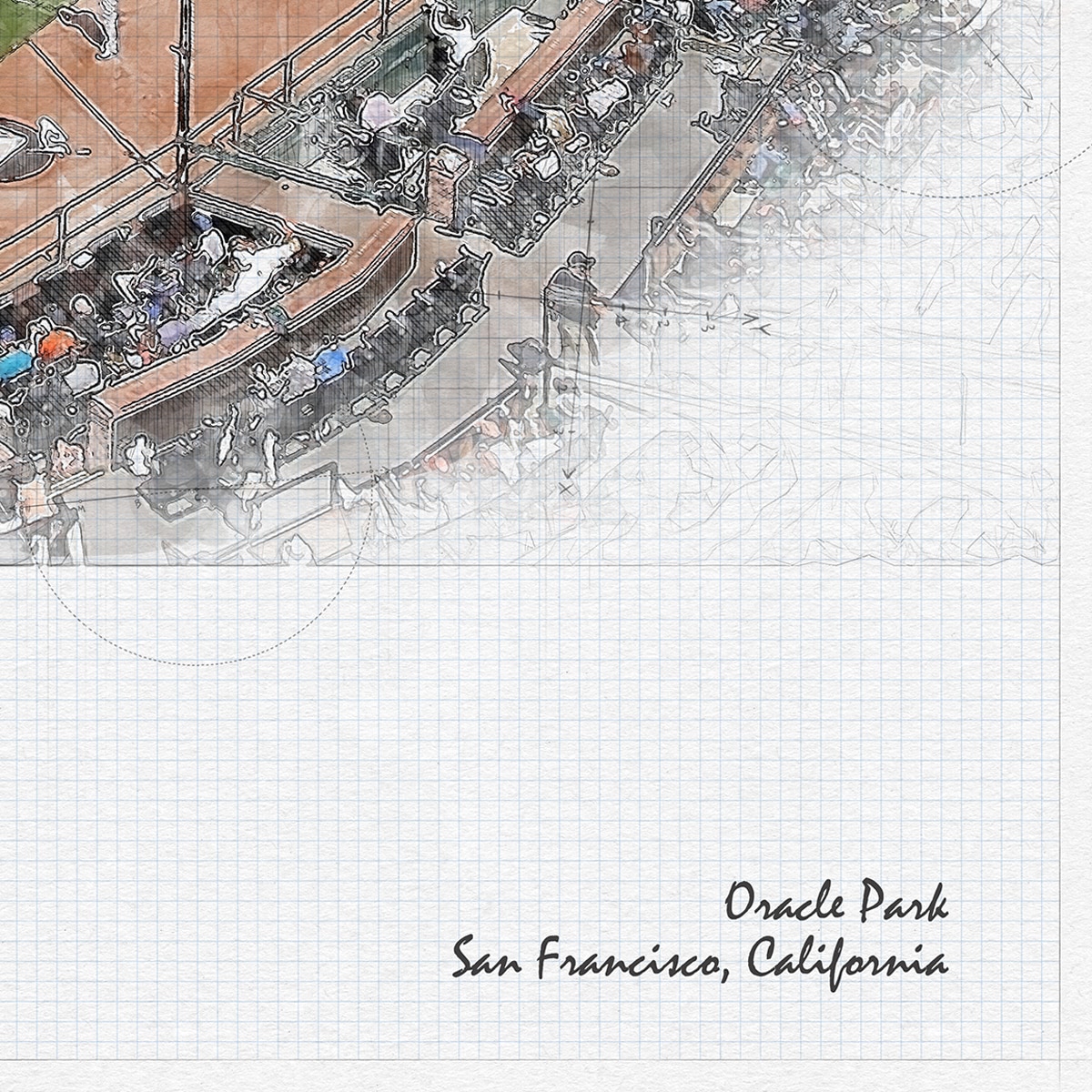 close-mlb-sf_03 Oracle Park Print, Artist Drawn Baseball Stadium, San Francisco Giants Baseball
