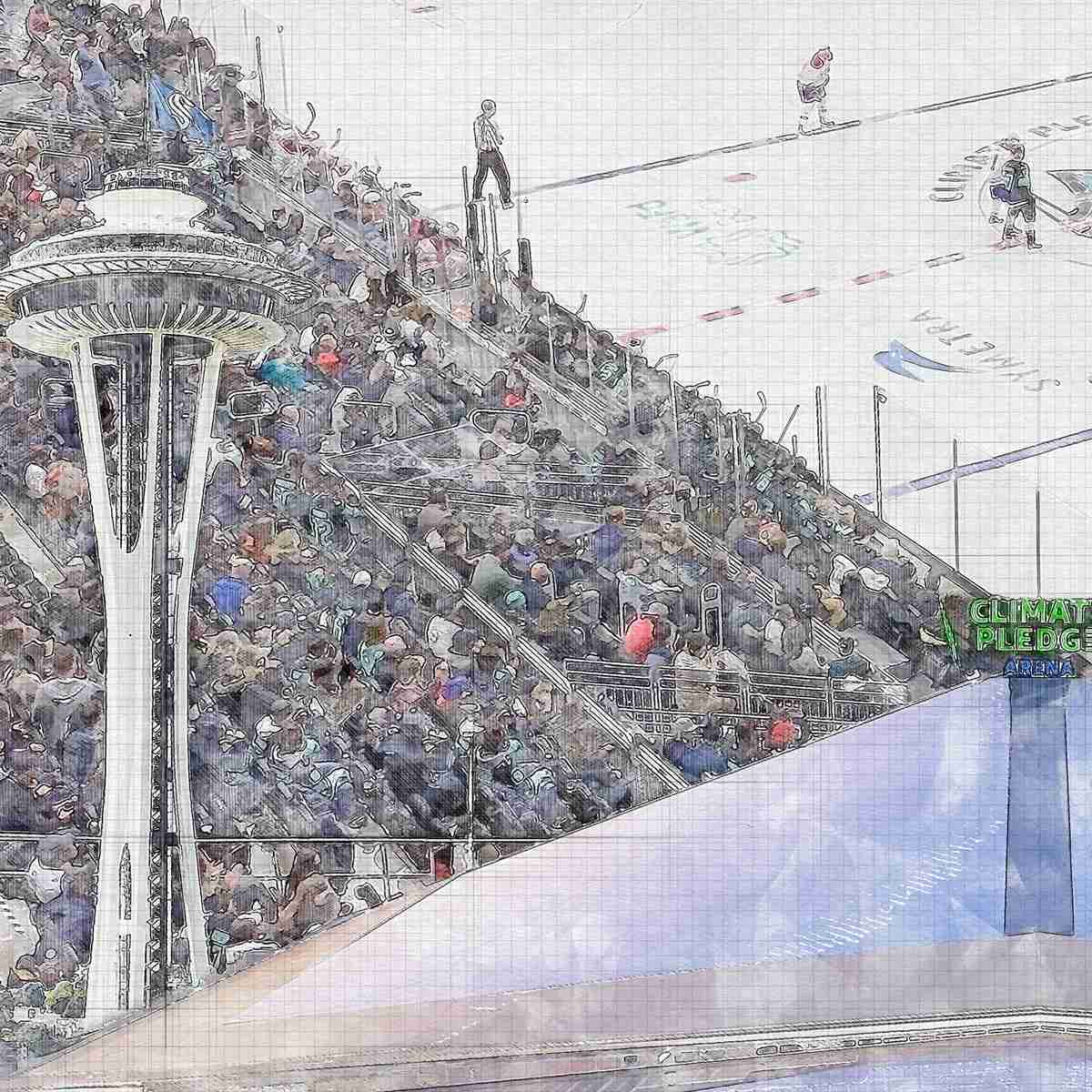 close-nhl-sea-01 Climate Pledge Arena Print, Artist Drawn Hockey Arena, Seattle Kraken Hockey