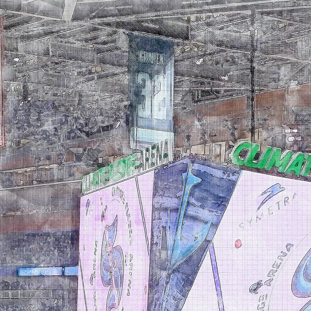 close-nhl-sea-02 Climate Pledge Arena Print, Artist Drawn Hockey Arena, Seattle Kraken Hockey