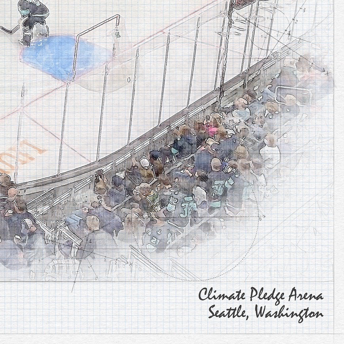 close-nhl-sea-03 Climate Pledge Arena Print, Artist Drawn Hockey Arena, Seattle Kraken Hockey