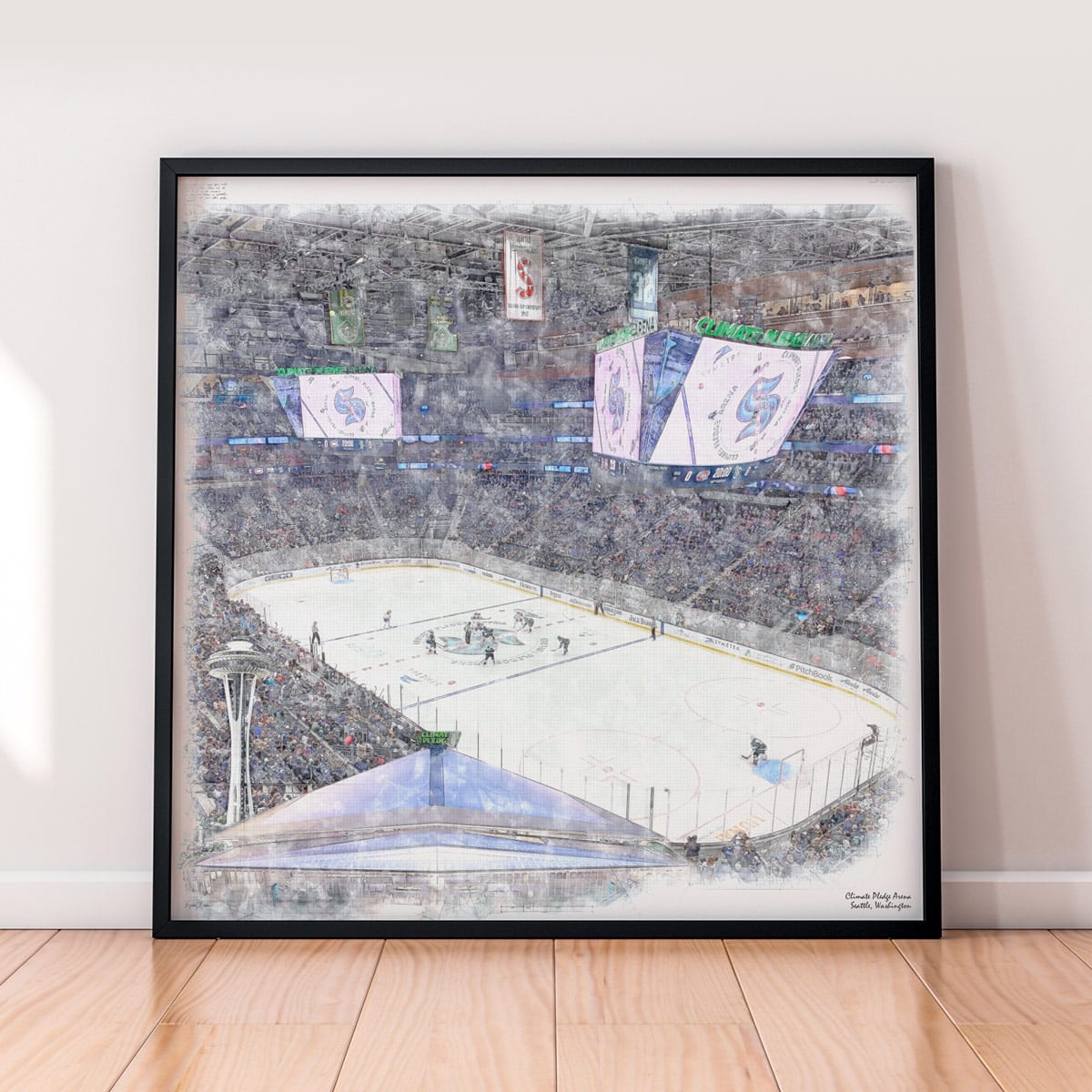 floor-print-nhl-sea Climate Pledge Arena Print, Artist Drawn Hockey Arena, Seattle Kraken Hockey