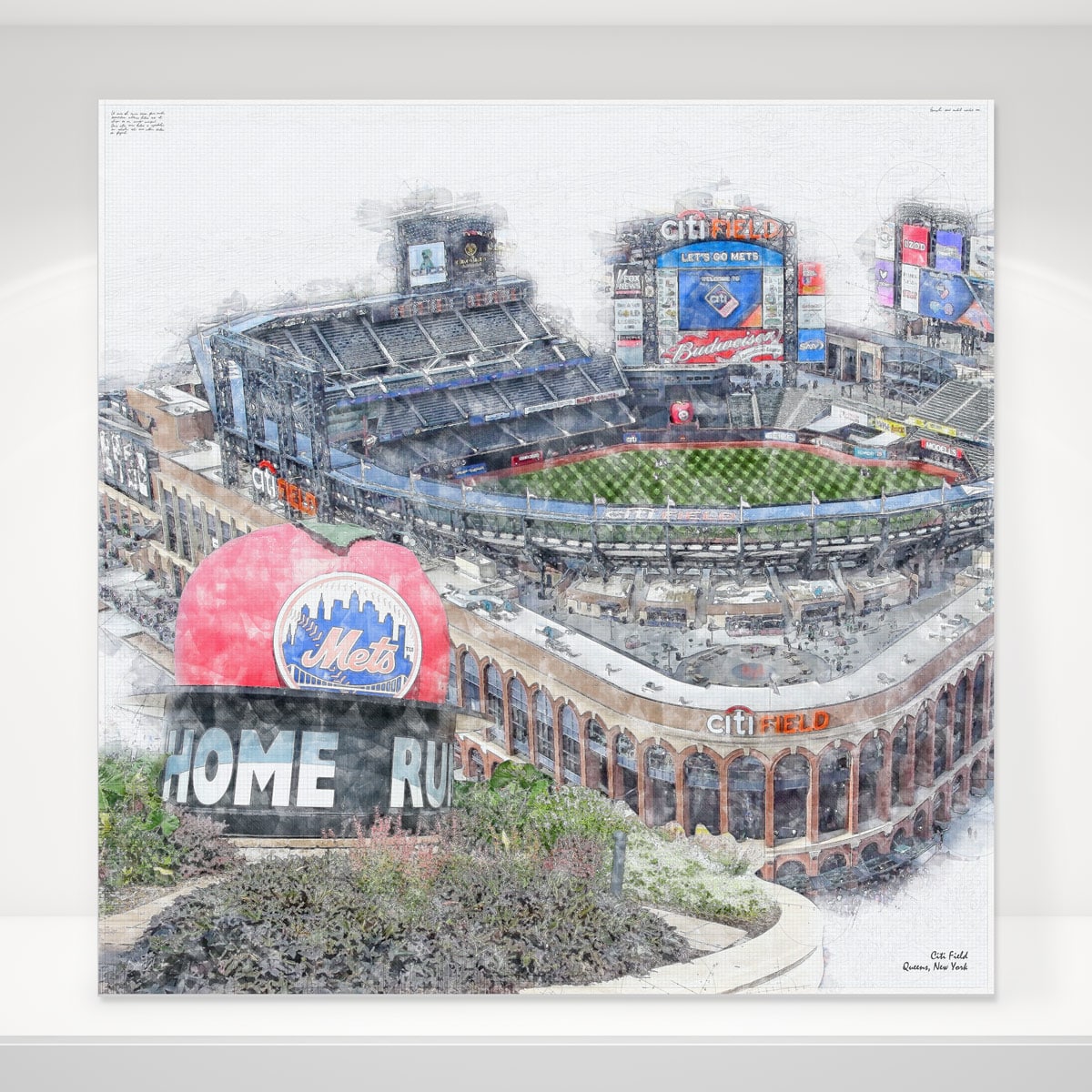 Citi Field Print, Artist Drawn Baseball Stadium, New York Mets Baseball