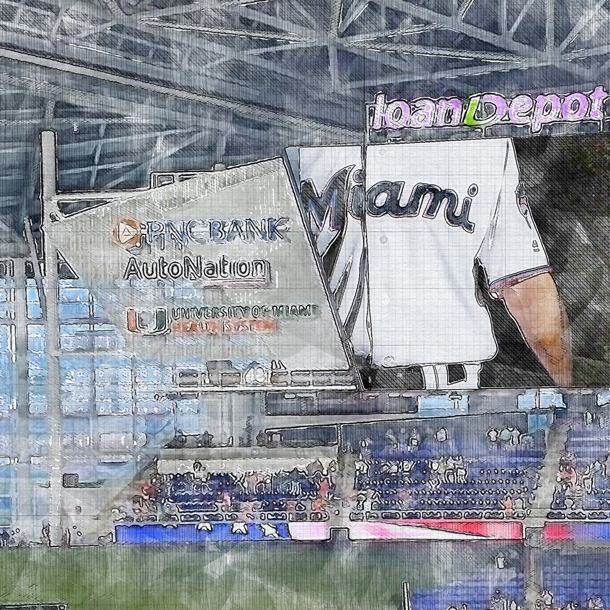 close-mlb-mia-02 loanDepot Park Print, Artist Drawn Baseball Stadium, Miami Marlins Baseball