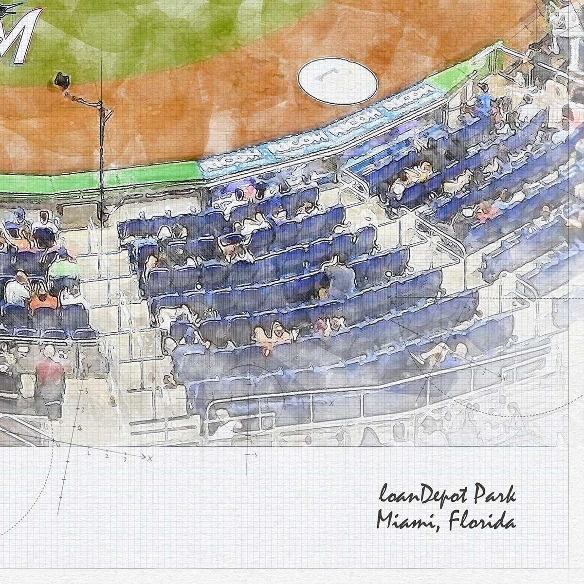 close-mlb-mia-03 loanDepot Park Print, Artist Drawn Baseball Stadium, Miami Marlins Baseball